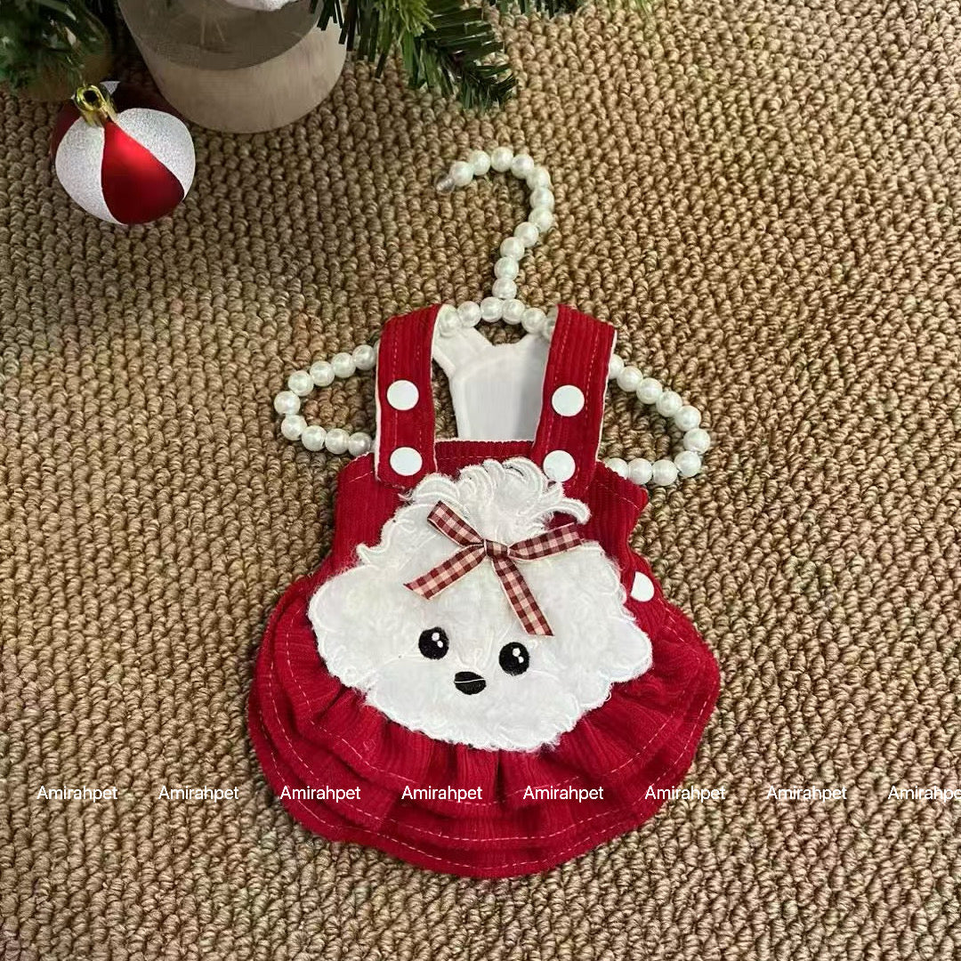 Small Dog Winter Dress – Soft Fleece Princess Skirt Outfit with Adjustable Straps, Warm Puppy Clothes for Christmas, New Year & Holiday Gift