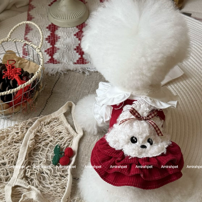 Small Dog Winter Dress – Soft Fleece Princess Skirt Outfit with Adjustable Straps, Warm Puppy Clothes for Christmas, New Year & Holiday Gift