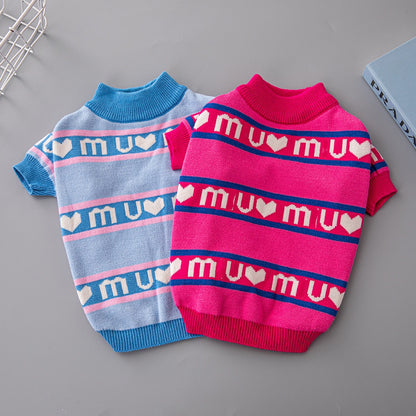 MIU Inspired Blue &Bright Pink French Bulldog Streetwear Pet Sweater, Autumn and Winter Thickened Double-Layer Cat and Dog Clothes, Schnauzer Fashion Dog Apparel