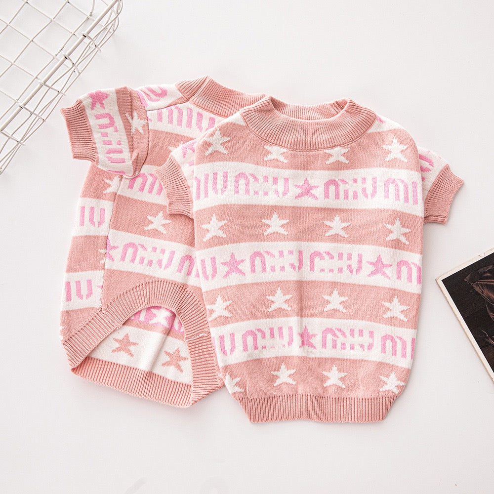 MIU Inspired Light Pink Sweater for Female Dog Double-Layered Thickened Streetwear Pet Sweater for Fall and Winter, Warm Clothes for Small and Medium Dogs, French Bulldog, Chihuahua