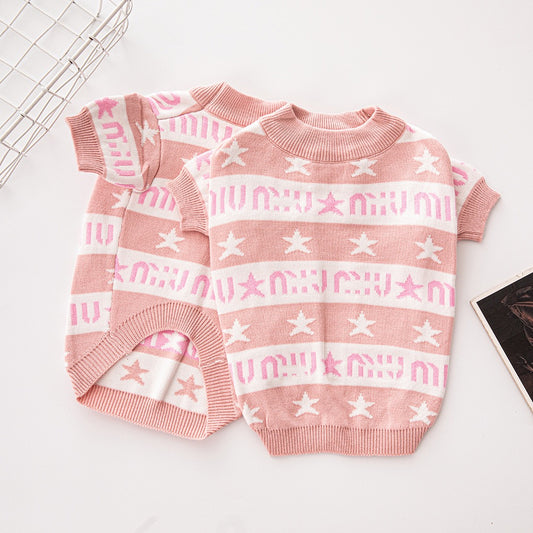 MIU Inspired Light Pink Sweater for Female Dog Double-Layered Thickened Streetwear Pet Sweater for Fall and Winter, Warm Clothes for Small and Medium Dogs, French Bulldog, Chihuahua