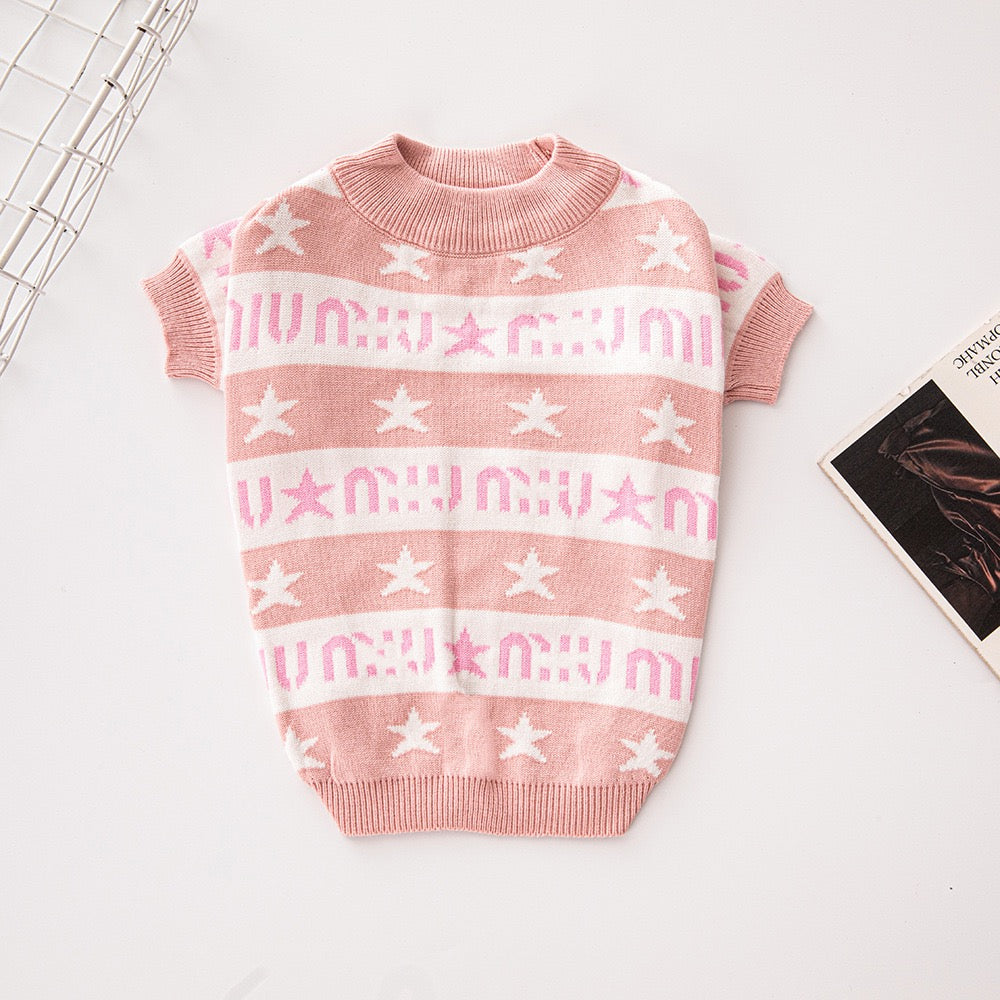 MIU Inspired Light Pink Sweater for Female Dog Double-Layered Thickened Streetwear Pet Sweater for Fall and Winter, Warm Clothes for Small and Medium Dogs, French Bulldog, Chihuahua