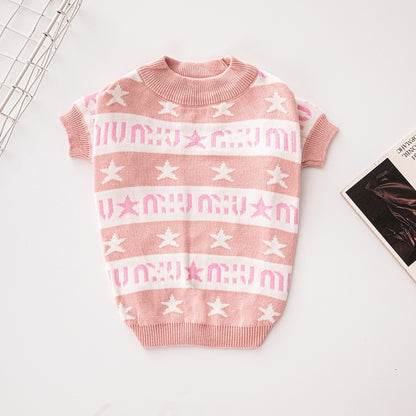 MIU Inspired Light Pink Sweater for Female Dog Double-Layered Thickened Streetwear Pet Sweater for Fall and Winter, Warm Clothes for Small and Medium Dogs, French Bulldog, Chihuahua