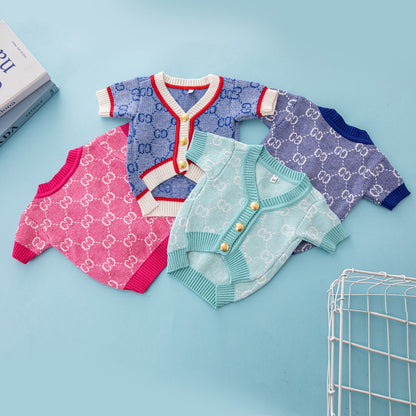 GG Inspired Luxury Knit Cardigan Dog Sweater for Corgi & Schnauzer – Trendy Fall/Winter Pet Clothes, Warm and Stylish Dog Outfit