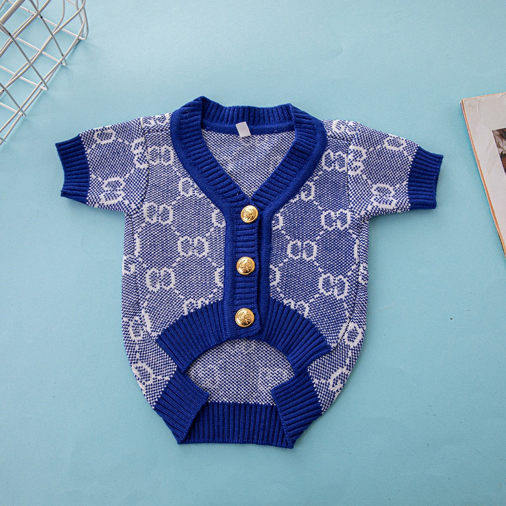 GG Inspired Luxury Knit Cardigan Dog Sweater for Corgi & Schnauzer – Trendy Fall/Winter Pet Clothes, Warm and Stylish Dog Outfit