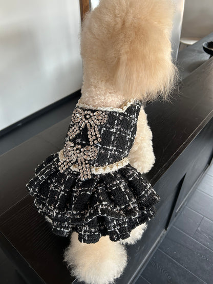 F028-Autumn Winter Dog Dress with Fleece – Elegant Tweed Style Outfit for Small Dogs, Maltese, Yorkie, Bichon, Chihuahua – Warm Pet Clothing