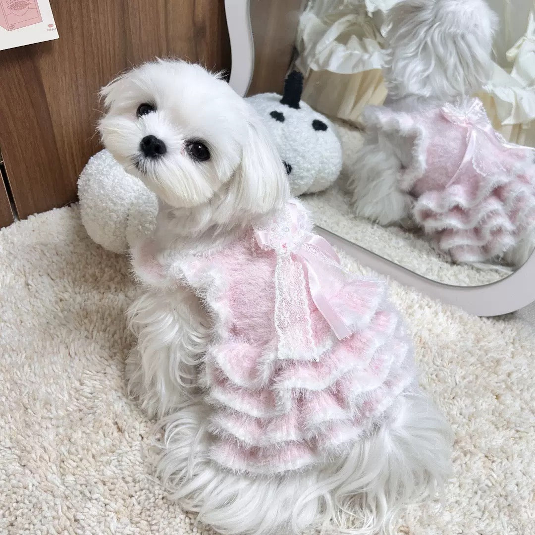 F027-Luxury Plush Dog Sweater Dress –Cloudy Soft Imitation Mink Winter Outfit for Small Breeds Like Yorkie, Maltese & Bichon