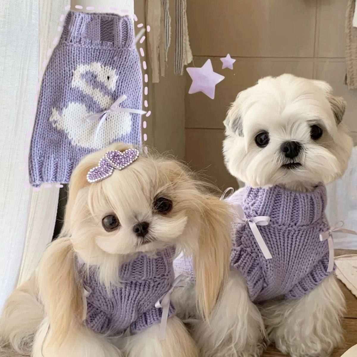 Cute Purple Pet Sweater with Swan Pattern for Dogs Warm Autumn Winter Knitwear for Small & Medium Pets – Yorkie, Bichon, Poodle